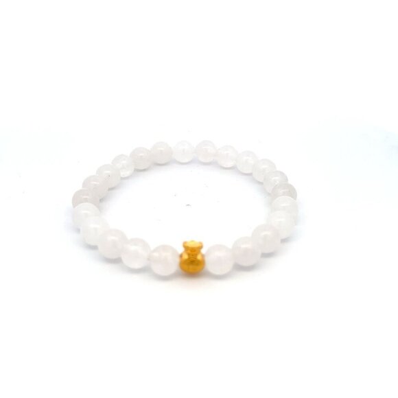 24K Gold Money Bag Lucky Charm Bracelet Gemstone Natural White Jade 8mm Size 7" - Picture 1 of 5